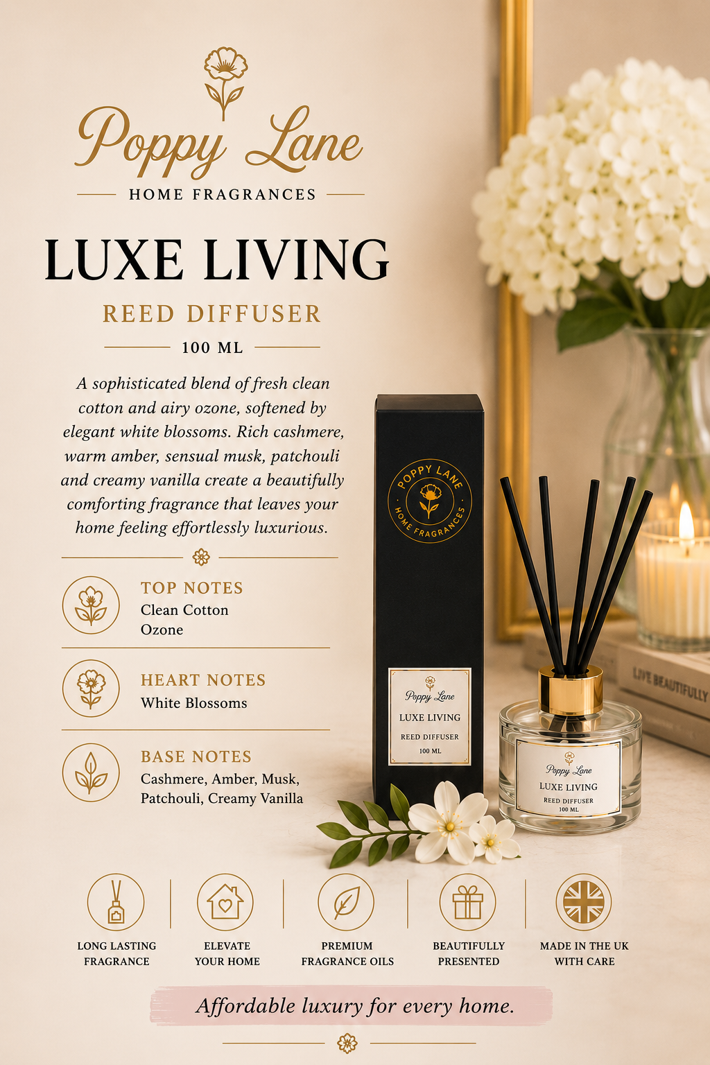 Poppy Lane Luxury Reed Diffuser – 100ml