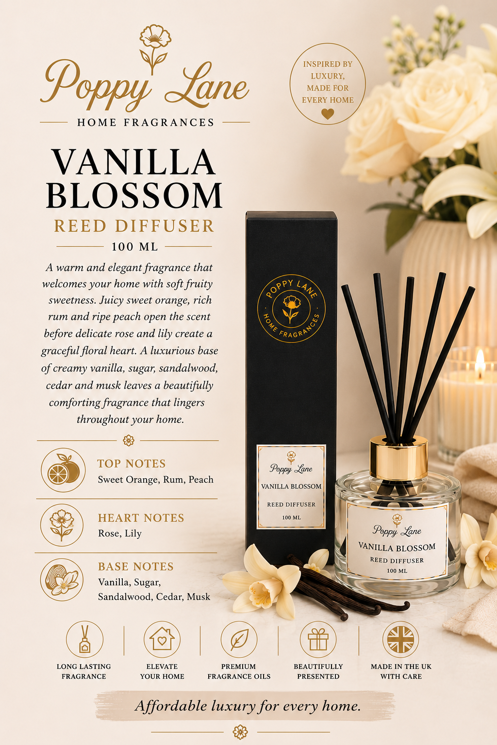 Poppy Lane Luxury Reed Diffuser – 100ml