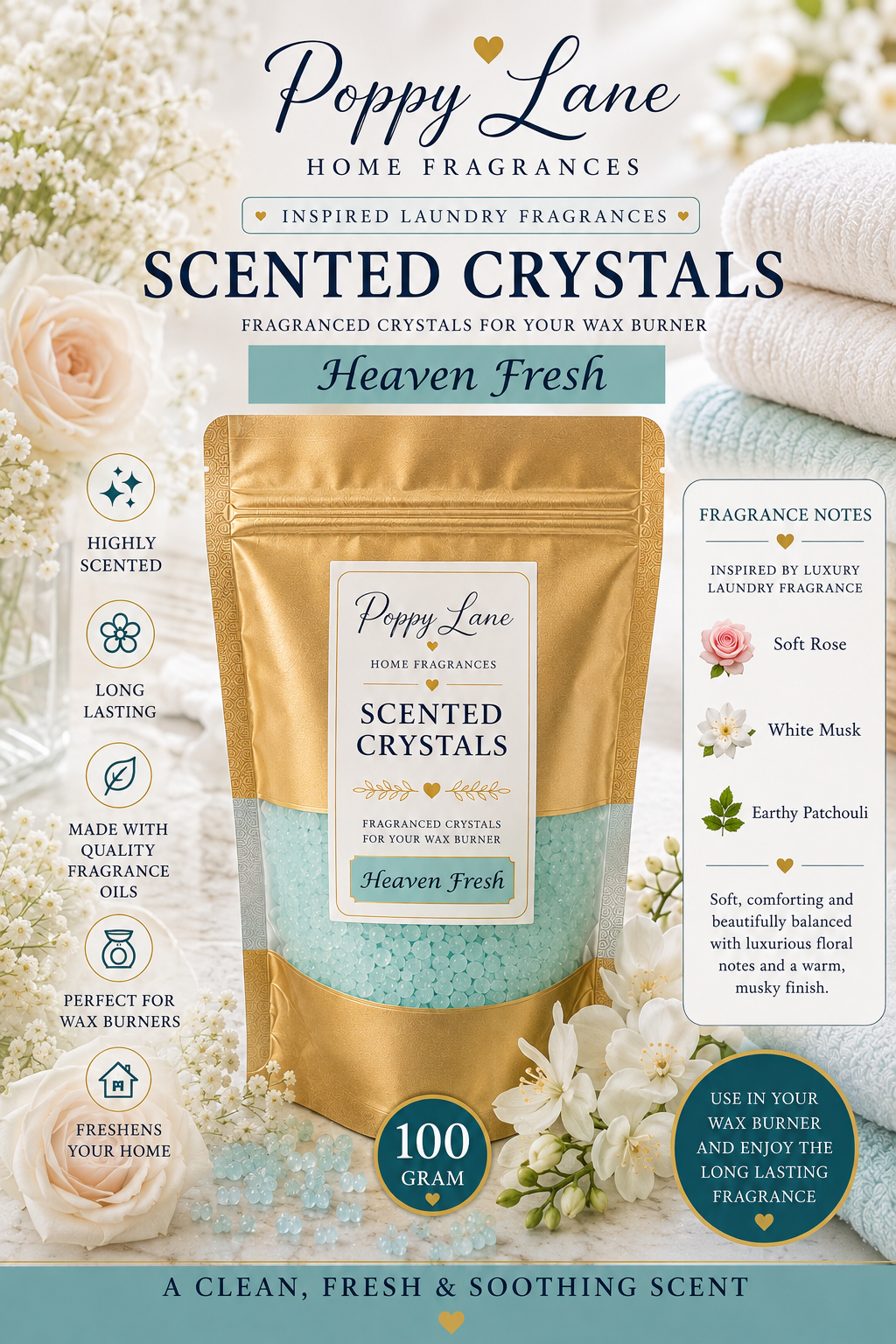 Poppy Lane Scented Crystals for Wax Burners – 100g | Long-Lasting Home Fragrance