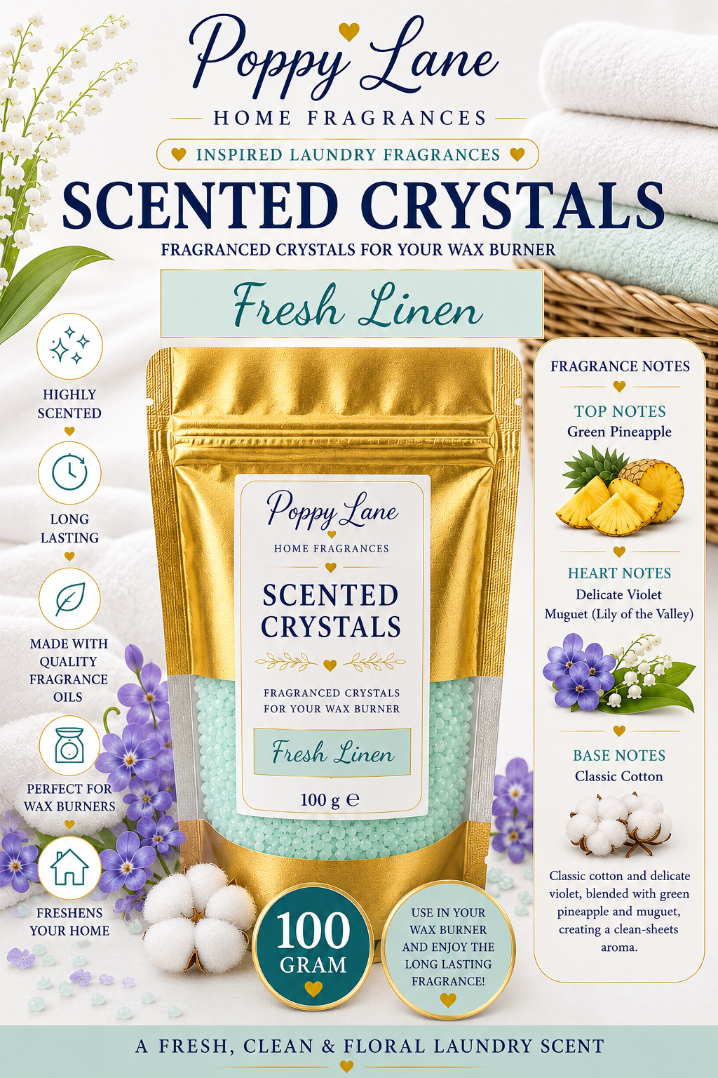 Poppy Lane Scented Crystals for Wax Burners – 100g | Long-Lasting Home Fragrance