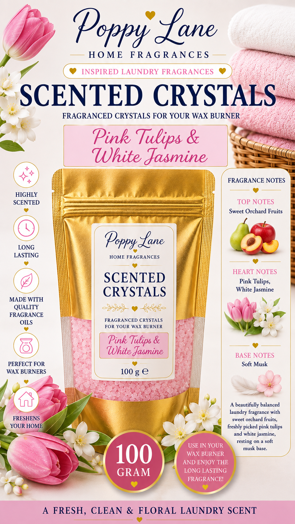 Poppy Lane Scented Crystals for Wax Burners – 100g | Long-Lasting Home Fragrance