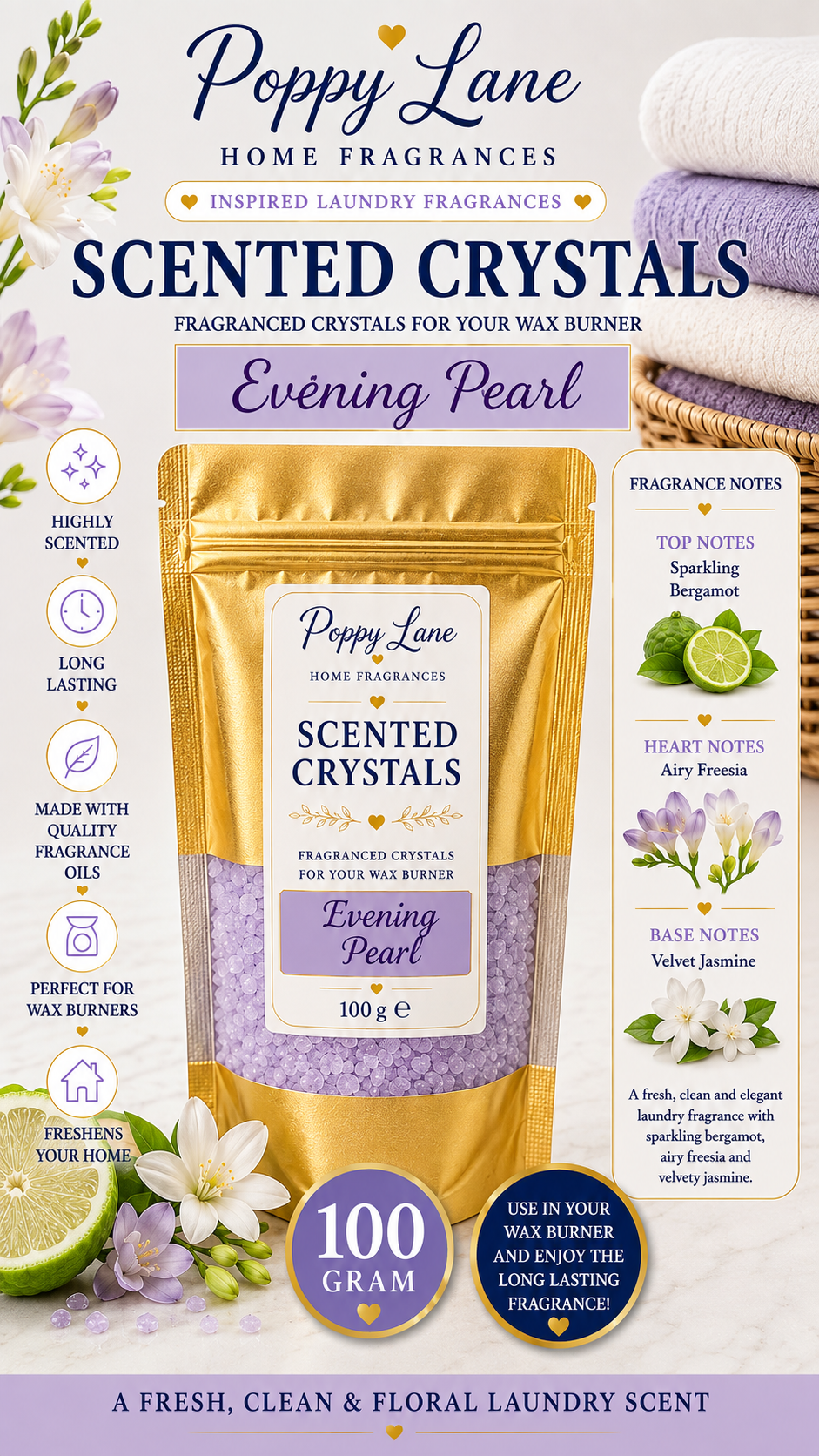 Poppy Lane Scented Crystals for Wax Burners – 100g | Long-Lasting Home Fragrance