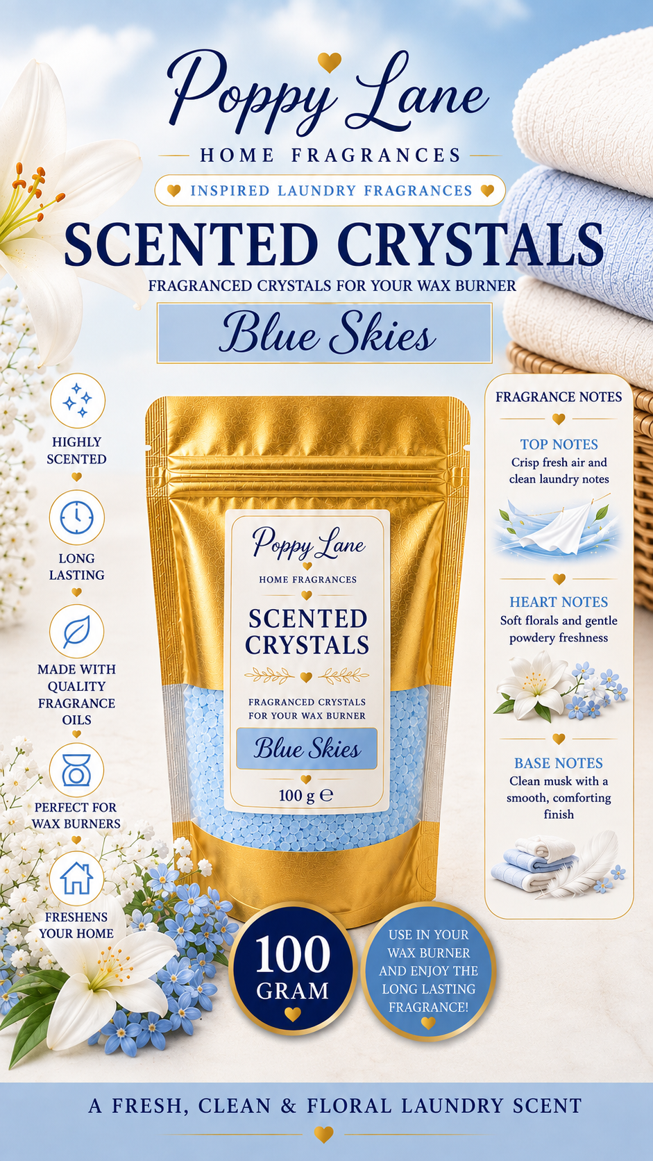 Poppy Lane Scented Crystals for Wax Burners – 100g | Long-Lasting Home Fragrance