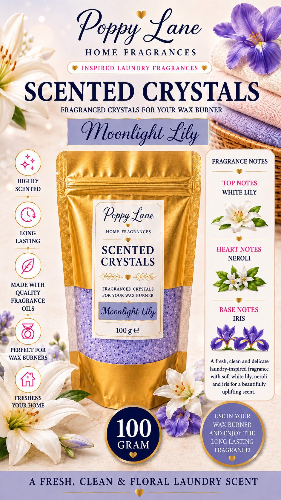 Poppy Lane Scented Crystals for Wax Burners – 100g | Long-Lasting Home Fragrance