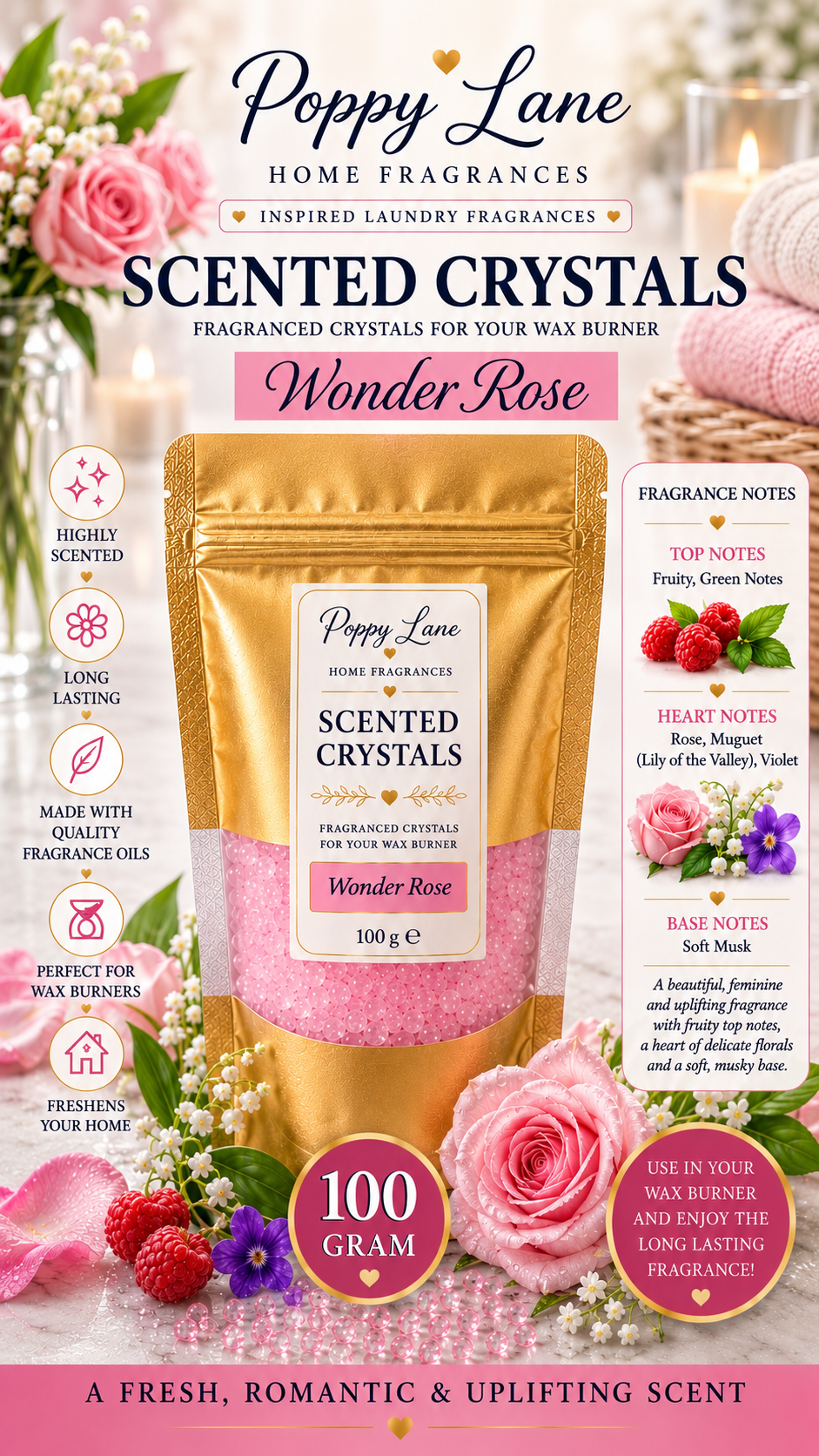 Poppy Lane Scented Crystals for Wax Burners – 100g | Long-Lasting Home Fragrance