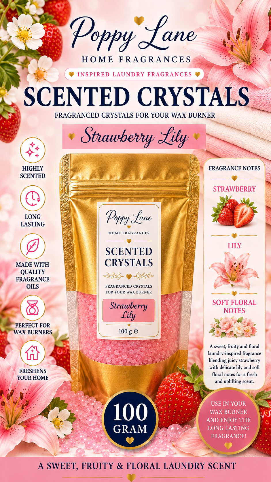 Poppy Lane Scented Crystals for Wax Burners – 100g | Long-Lasting Home Fragrance