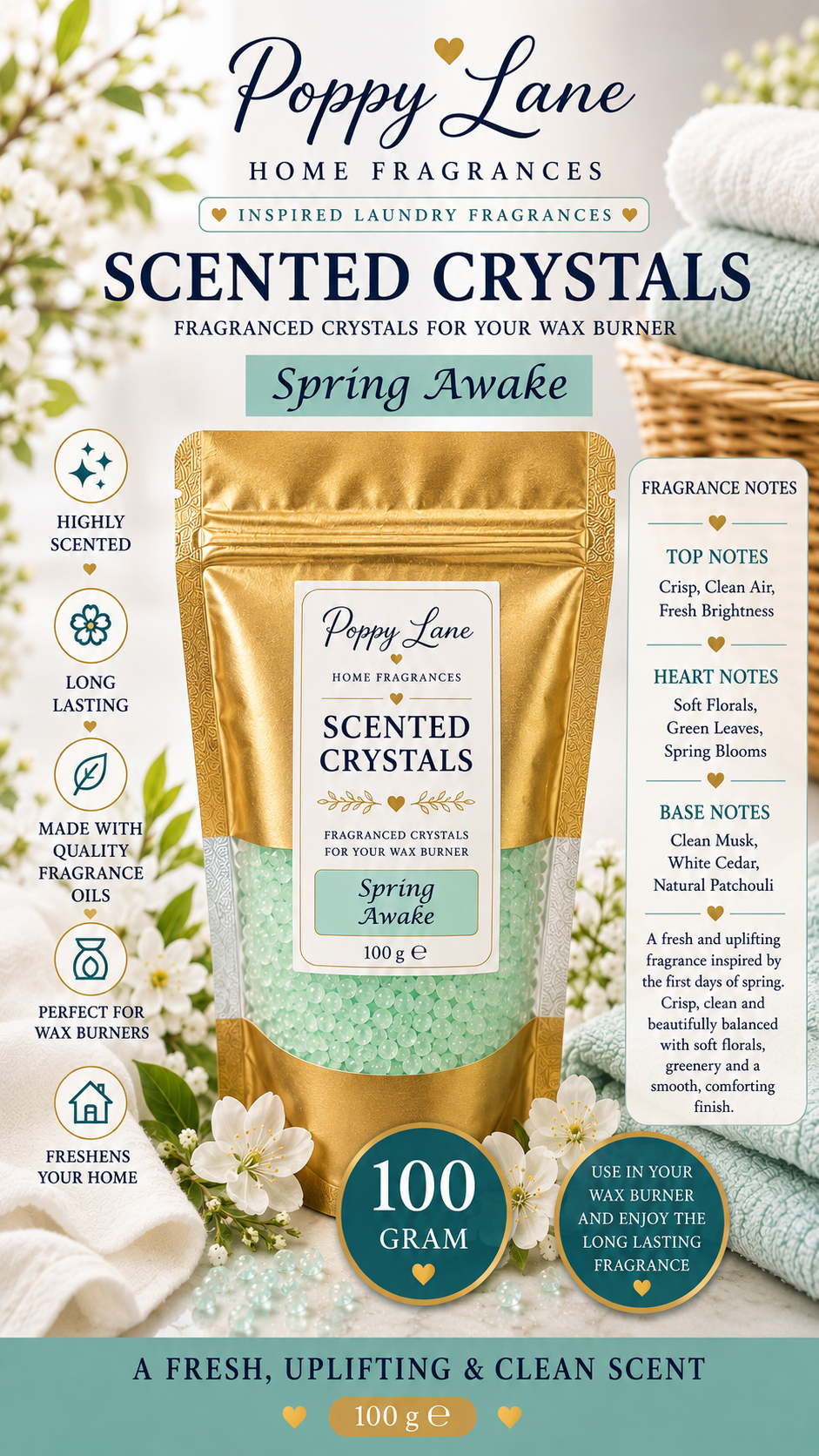Poppy Lane Scented Crystals for Wax Burners – 100g | Long-Lasting Home Fragrance