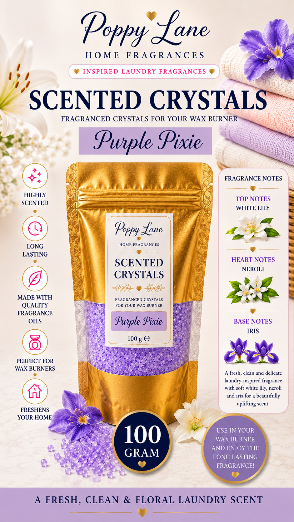 Poppy Lane Scented Crystals for Wax Burners – 100g | Long-Lasting Home Fragrance