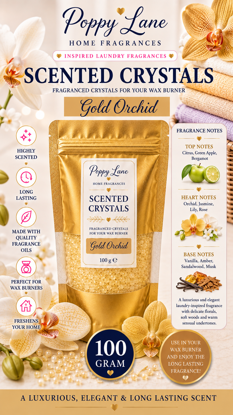 Poppy Lane Scented Crystals for Wax Burners – 100g | Long-Lasting Home Fragrance