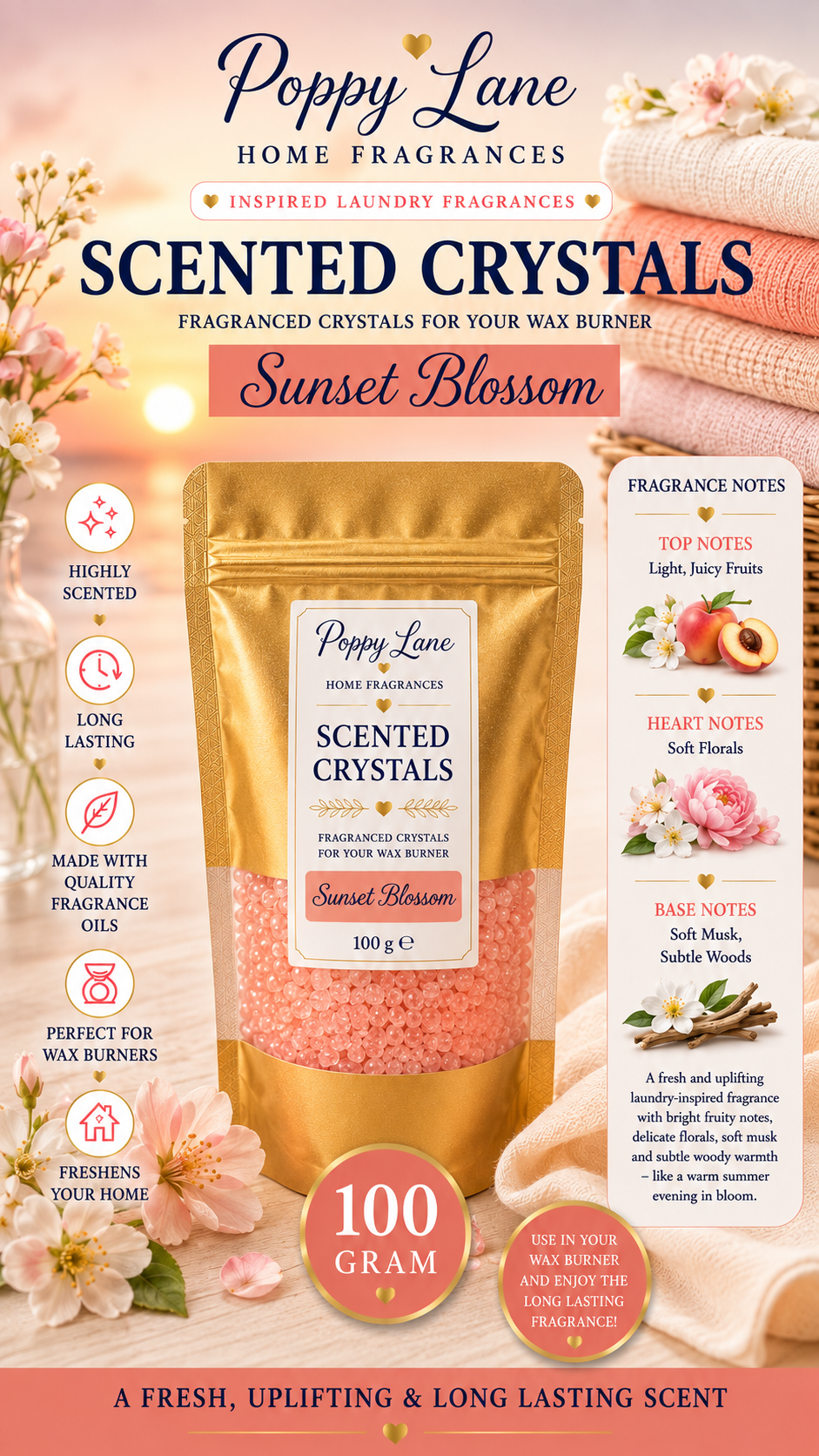Poppy Lane Scented Crystals for Wax Burners – 100g | Long-Lasting Home Fragrance